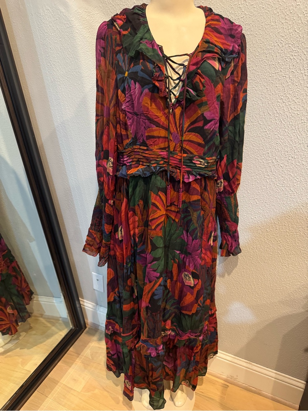 Farm Rio Floral Leaf Lace-Up Long Sleeve Maxi Dress - Multicolor Sz XL